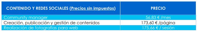 table de precios de contenido y redes sociales